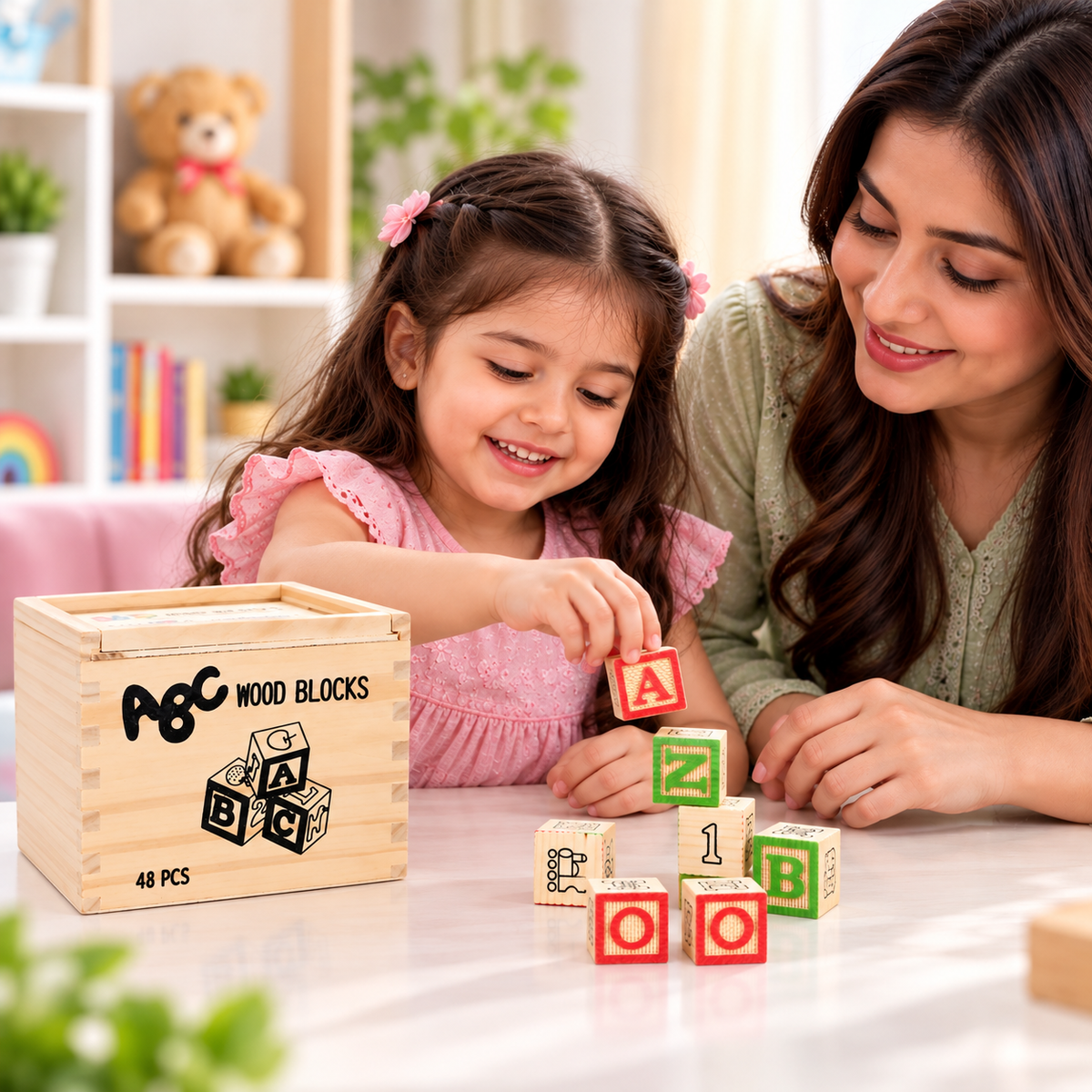 Wooden Alphabet & Number Blocks – 48 Pieces