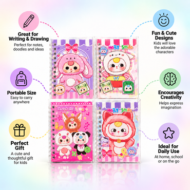 4-in-1 Mini Spiral Notebook for Kids – Cute Cartoon School & Writing Notebook
