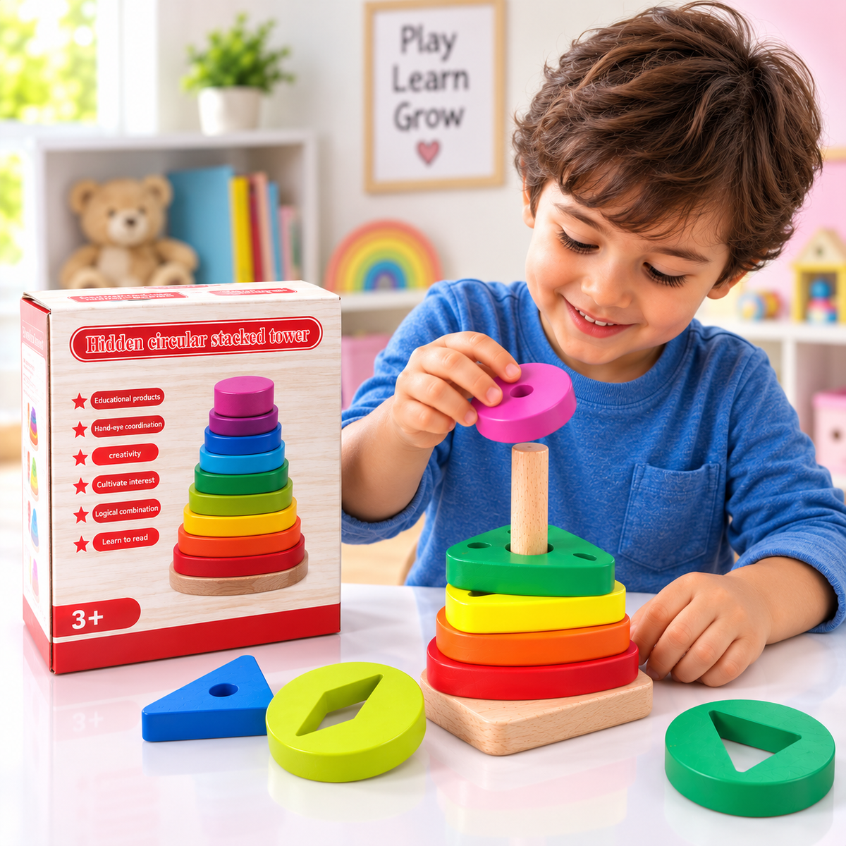 Circular Rainbow Stacked Tower – Wooden Shape & Color Sorting Toy