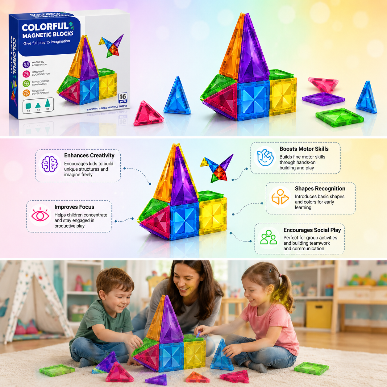 Colorful Magnetic Building Blocks (16 Pieces)