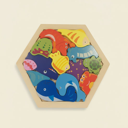Wooden Hexagon Sea Animal Puzzle Board