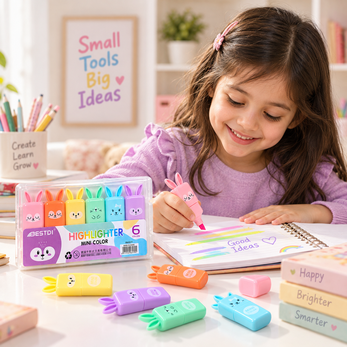 BESTDI Mini Bunny Highlighter Set – 6 Pastel Colors