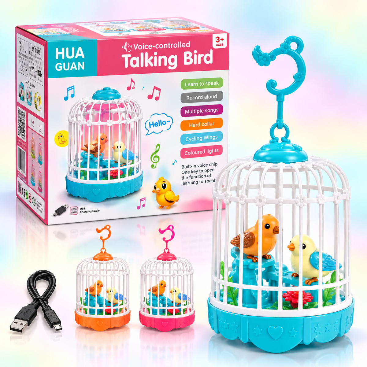 Voice-Controlled Talking Bird Cage Toy with Music, Recording & LED Lights – USB Rechargeable