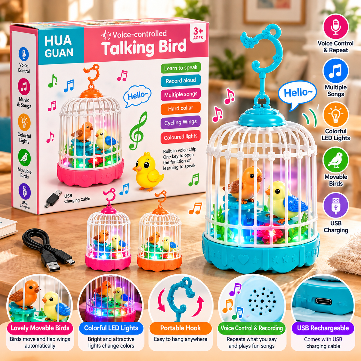 Voice-Controlled Talking Bird Cage Toy with Music, Recording & LED Lights – USB Rechargeable