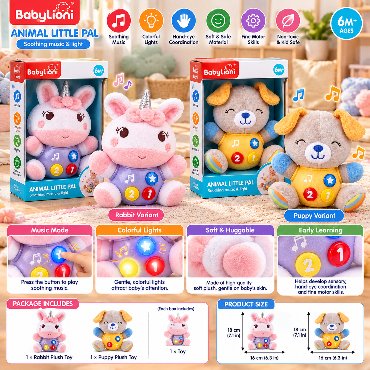 BabyLioni Animal Little Pal – Musical Light-Up Plush Toy