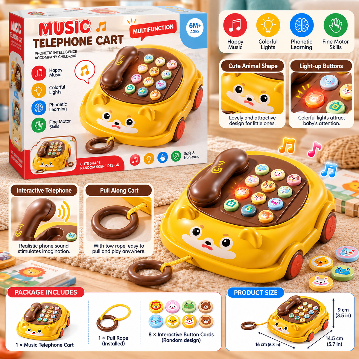 Multifunction Musical Telephone Pull-Along Car with Lights & Sounds