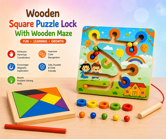 Wooden Square Puzzle Lock With Wooden Maze