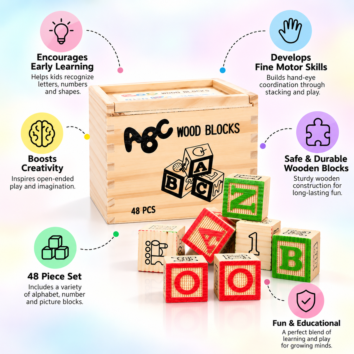 Wooden Alphabet & Number Blocks – 48 Pieces