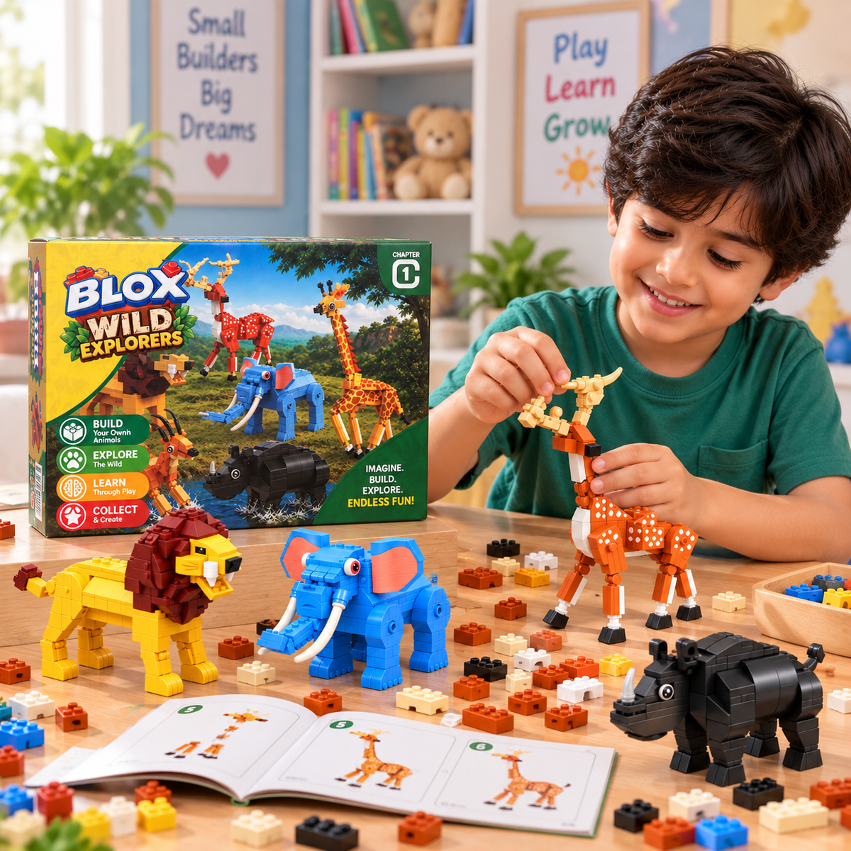 Wild Explorers Safari Animal Building Blocks Set – 6 Buildable Wildlife Models for Kids