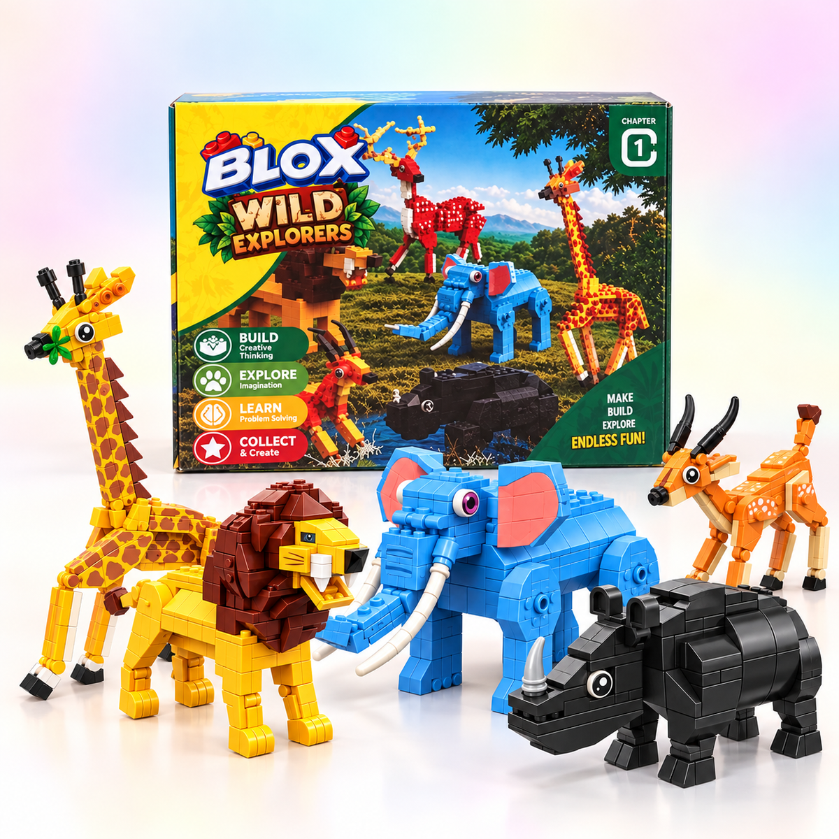 Wild Explorers Safari Animal Building Blocks Set – 6 Buildable Wildlife Models for Kids