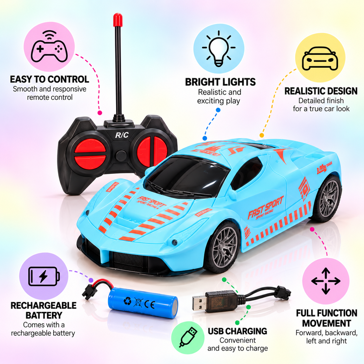 Remote Control Sports Car for Kids – Rechargeable RC Racing Car