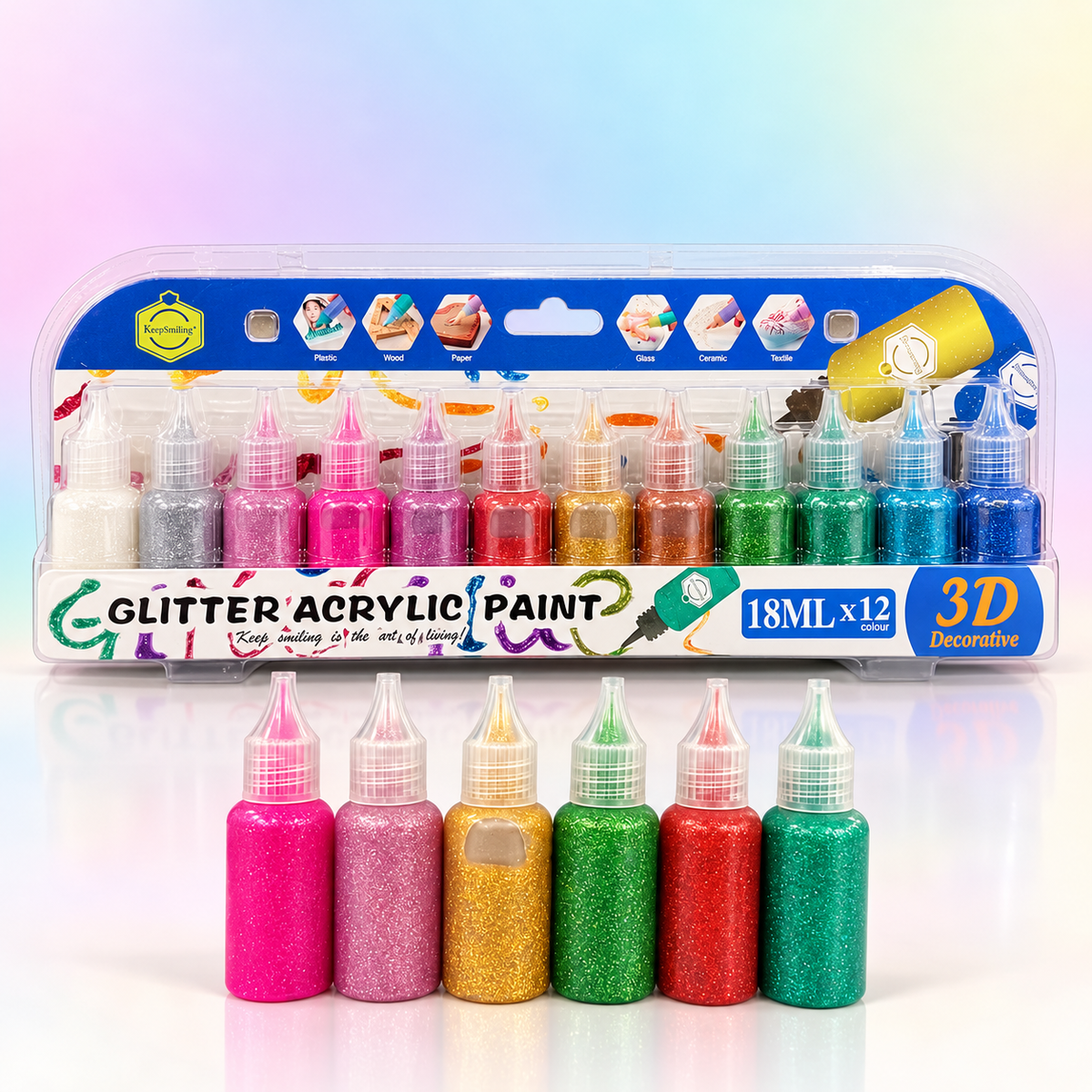 Glitter Acrylic Paint Set – 12 Colors, 18ml Each | 3D Decorative Craft Paint