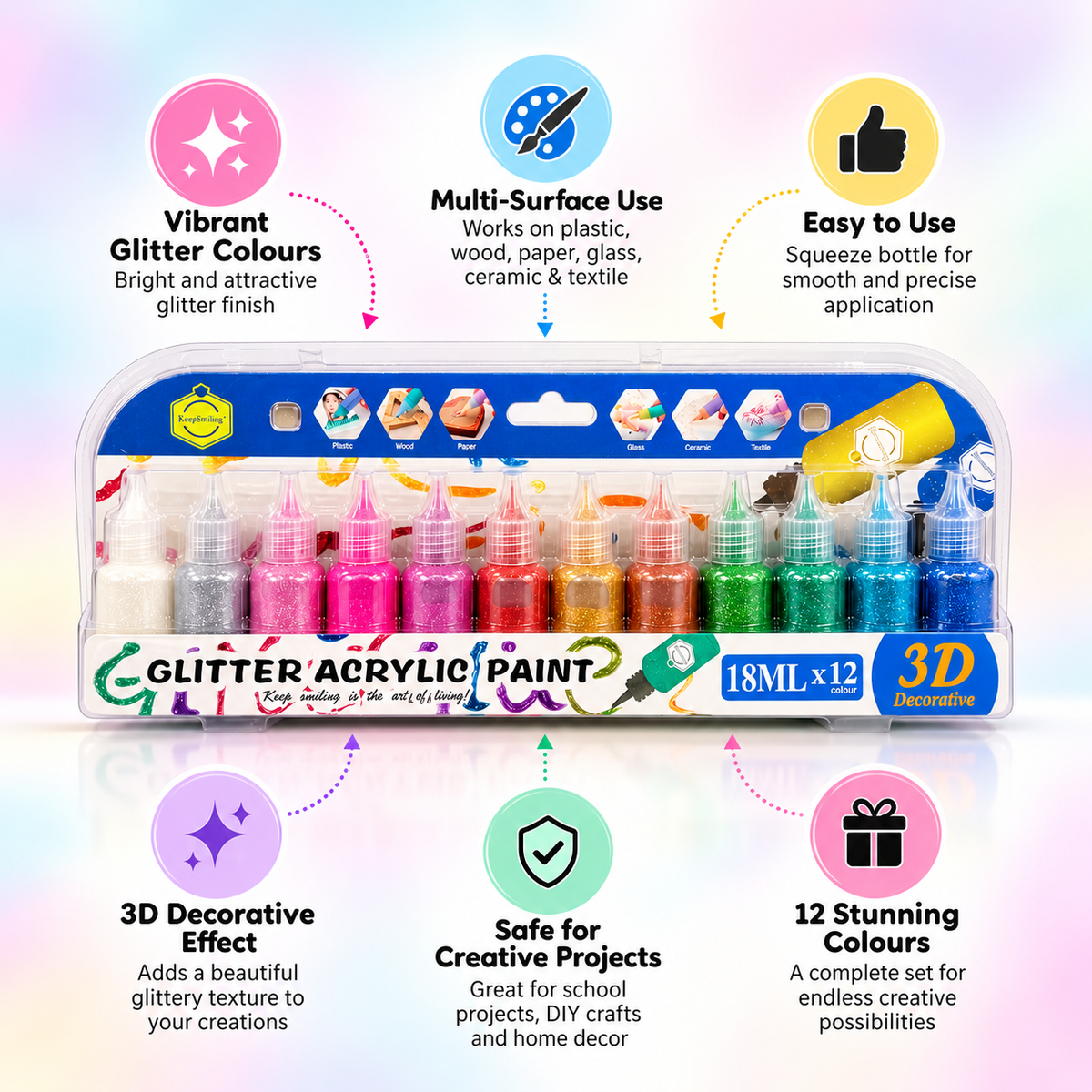Glitter Acrylic Paint Set – 12 Colors, 18ml Each | 3D Decorative Craft Paint