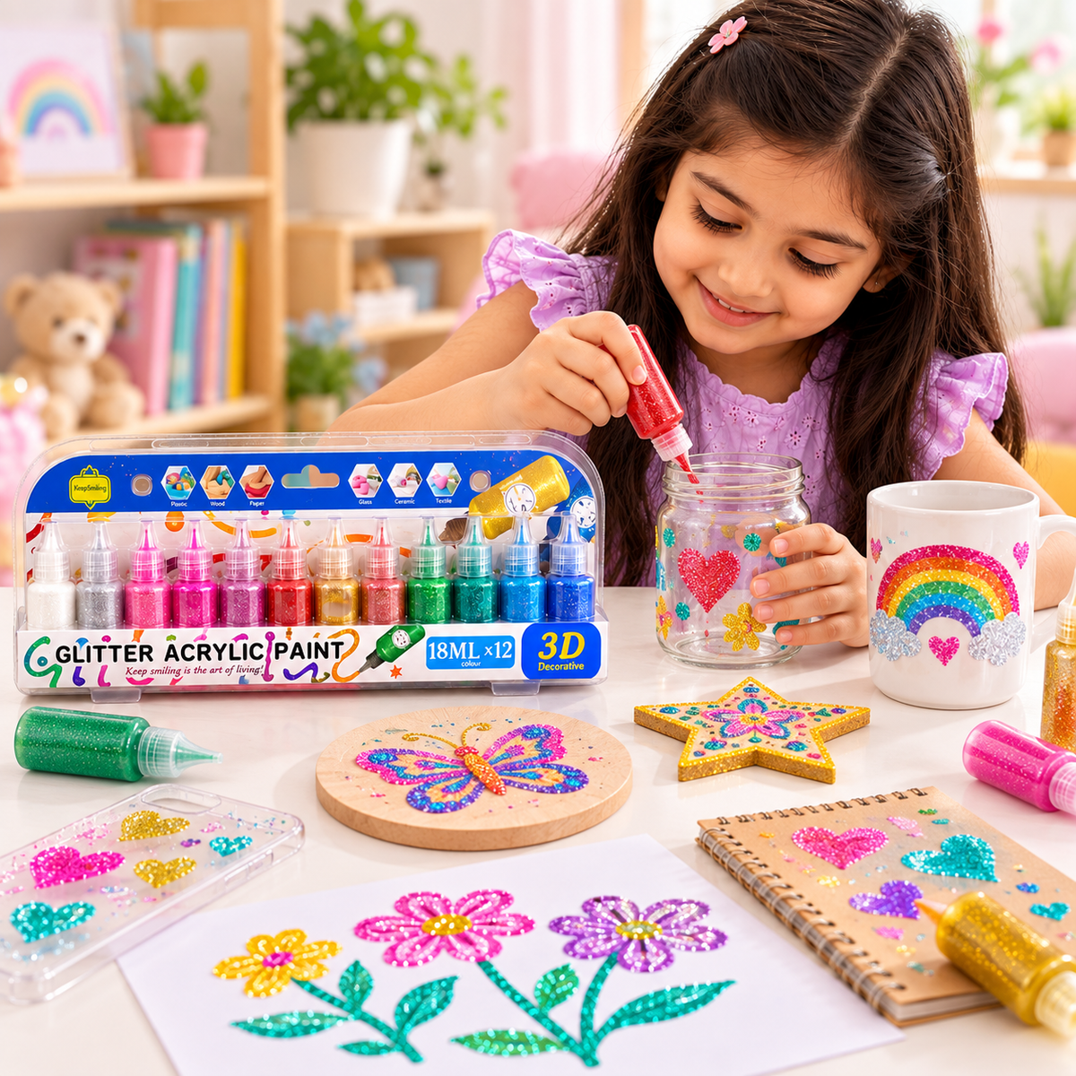 Glitter Acrylic Paint Set – 12 Colors, 18ml Each | 3D Decorative Craft Paint