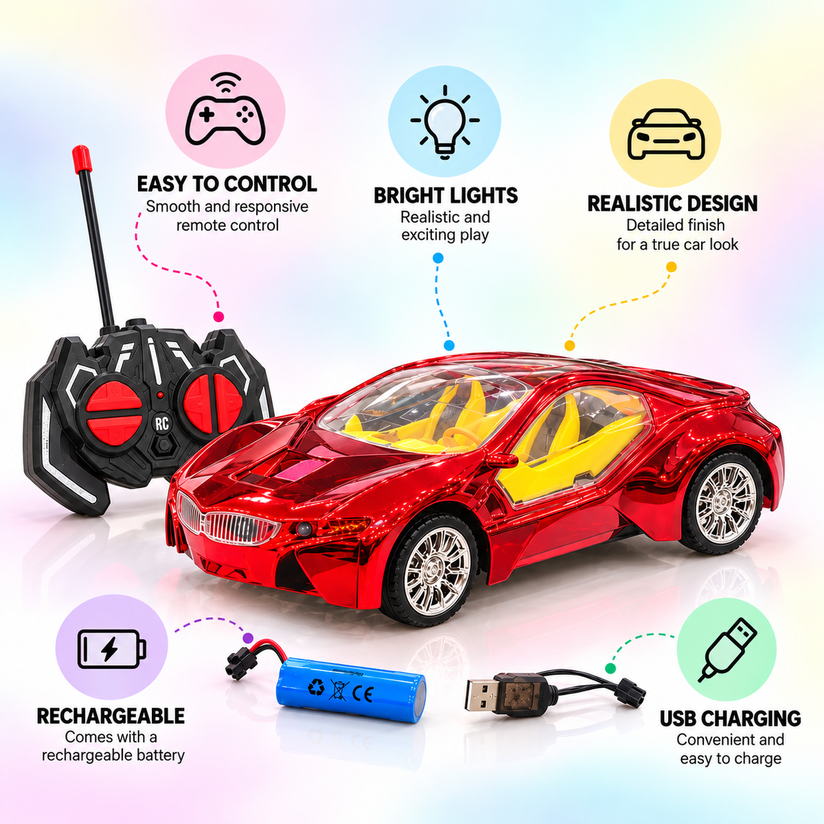 Remote Control Racing Car for Kids – Rechargeable RC Sports Car with Lights