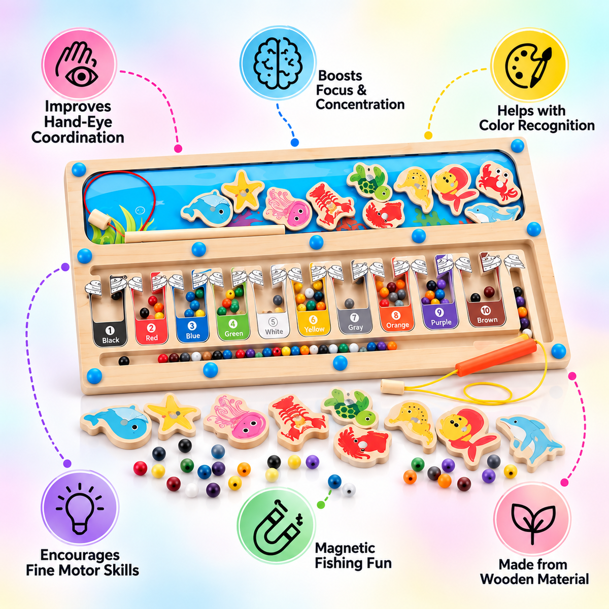 2-in-1 Wooden Magnetic Fishing & Color Sorting Toy