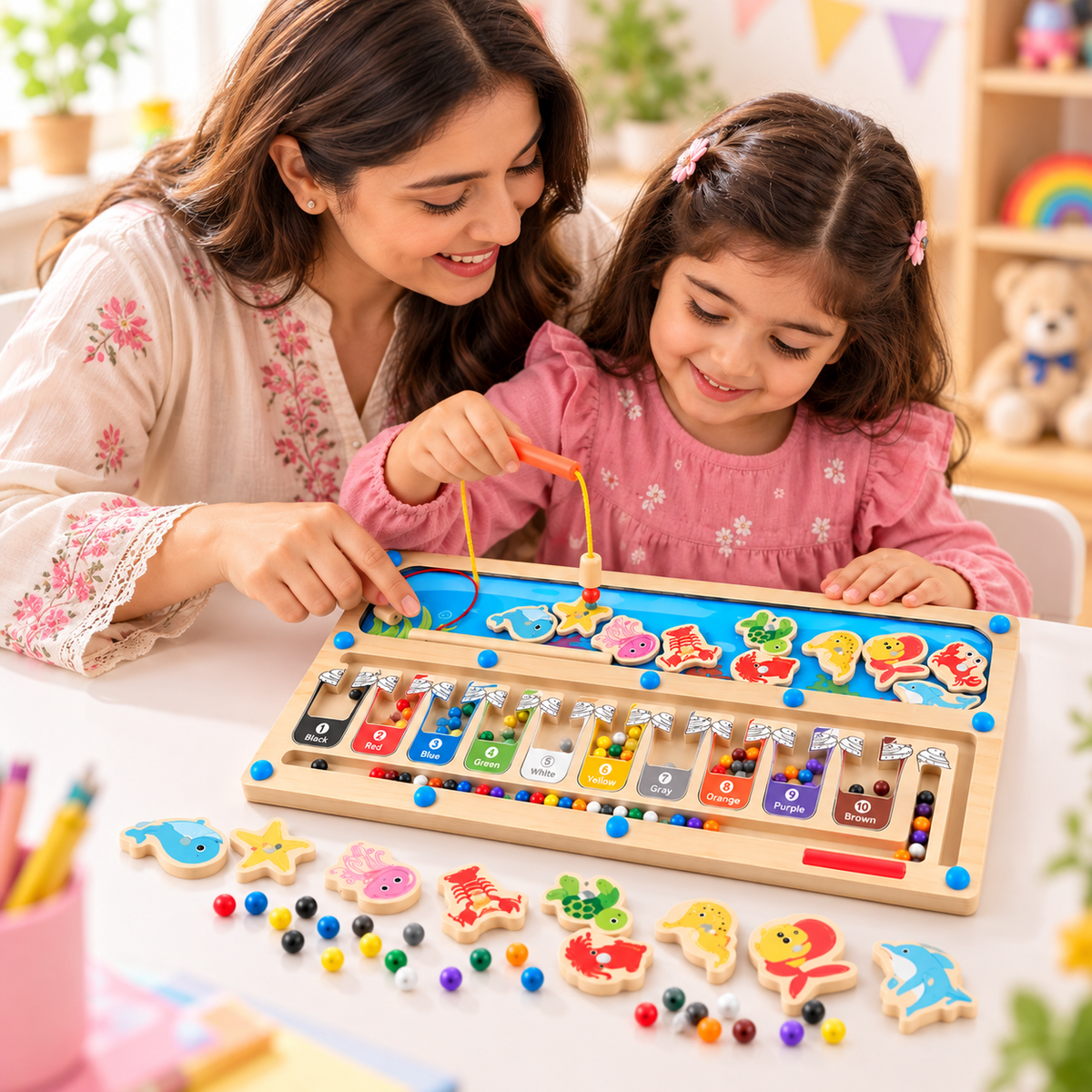2-in-1 Wooden Magnetic Fishing & Color Sorting Toy