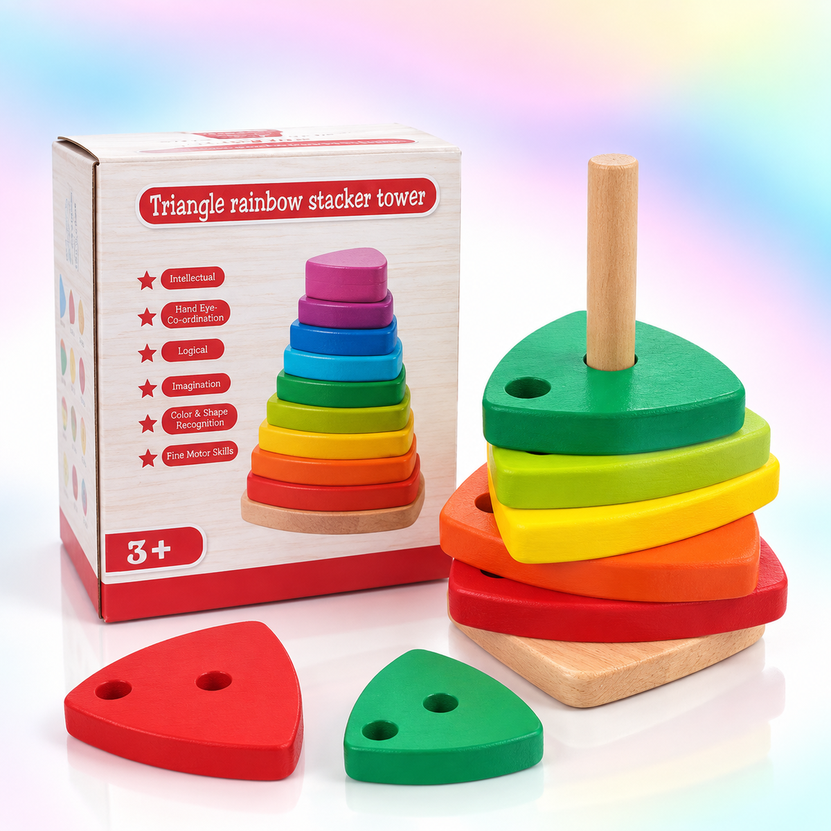 Triangular Rainbow Stacked Tower – Wooden Shape & Color Sorting Toy