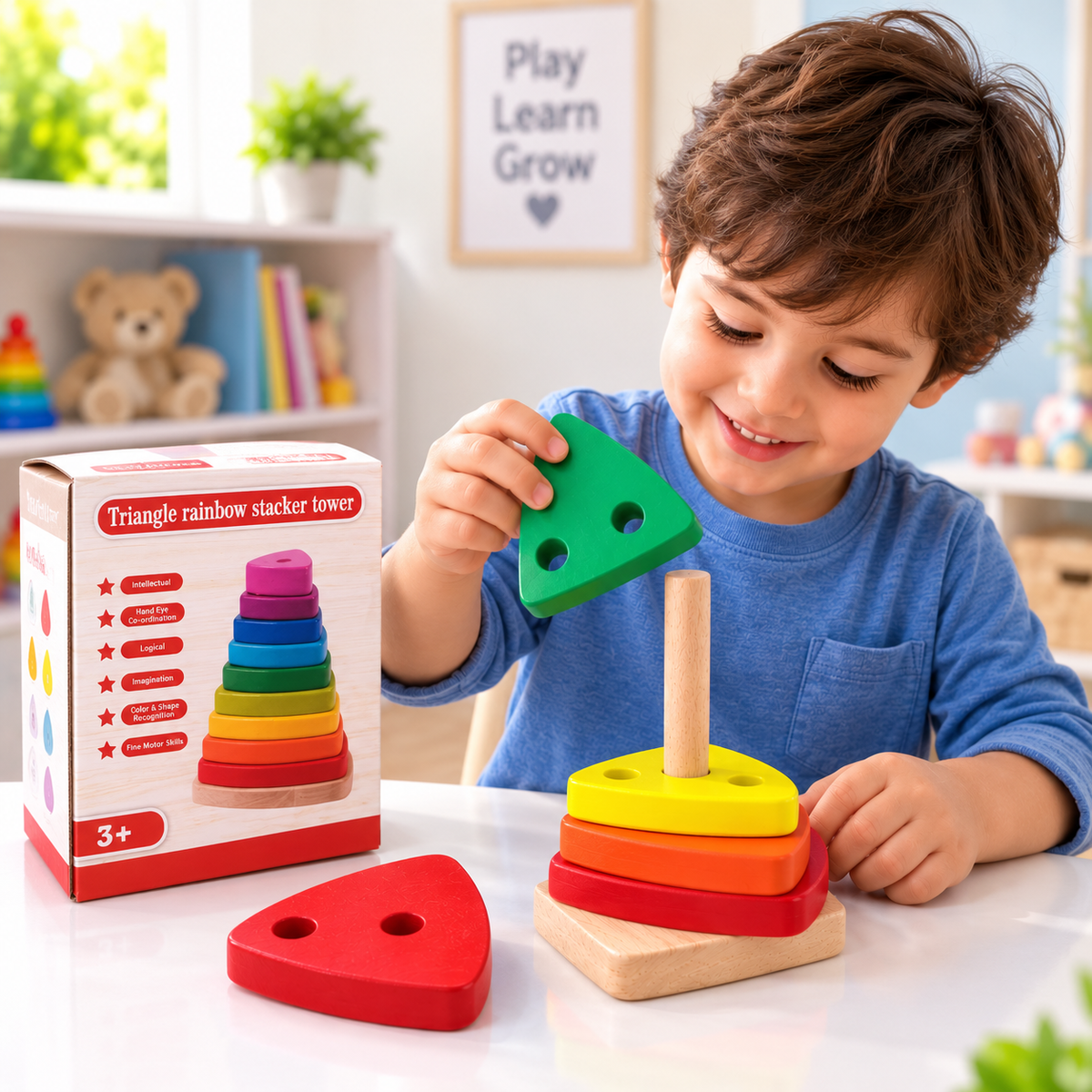Triangular Rainbow Stacked Tower – Wooden Shape & Color Sorting Toy