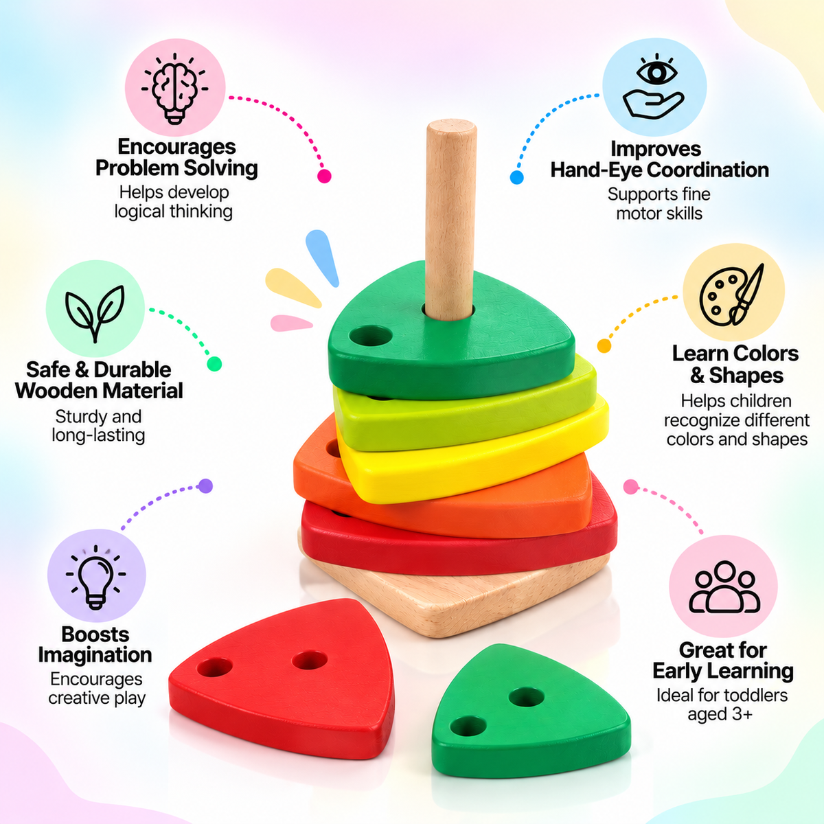 Triangular Rainbow Stacked Tower – Wooden Shape & Color Sorting Toy