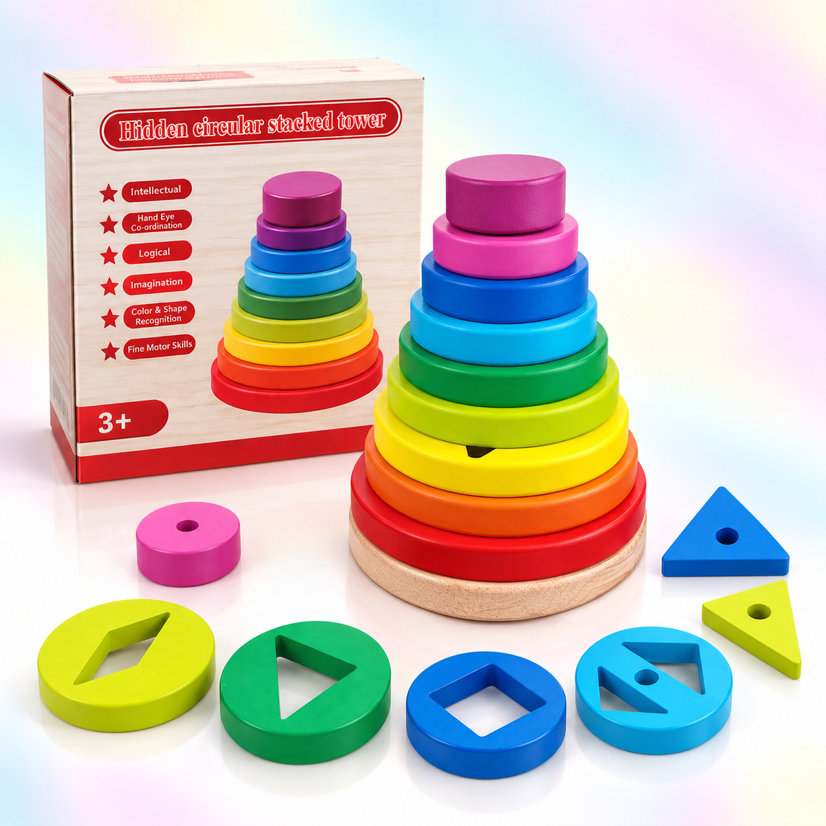 Circular Rainbow Stacked Tower – Wooden Shape & Color Sorting Toy