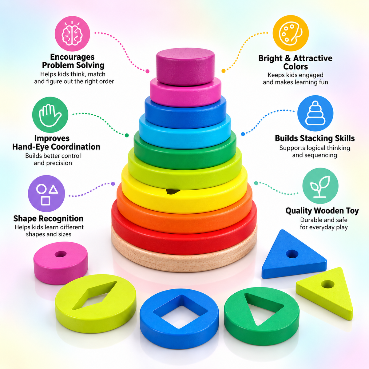 Circular Rainbow Stacked Tower – Wooden Shape & Color Sorting Toy