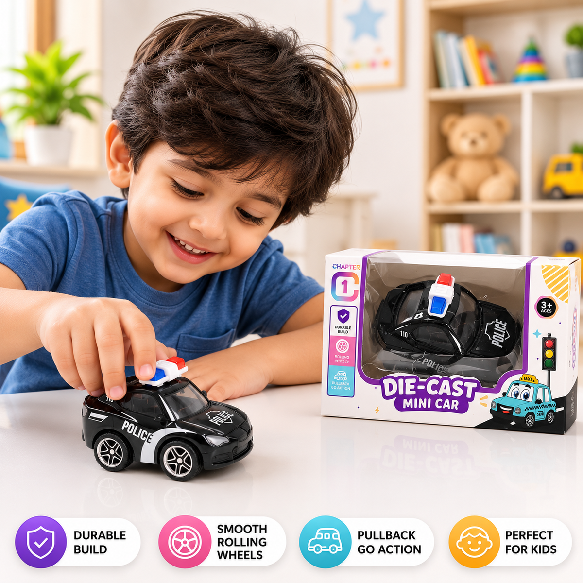 Die-Cast Mini Police Car – Pull-Back Toy