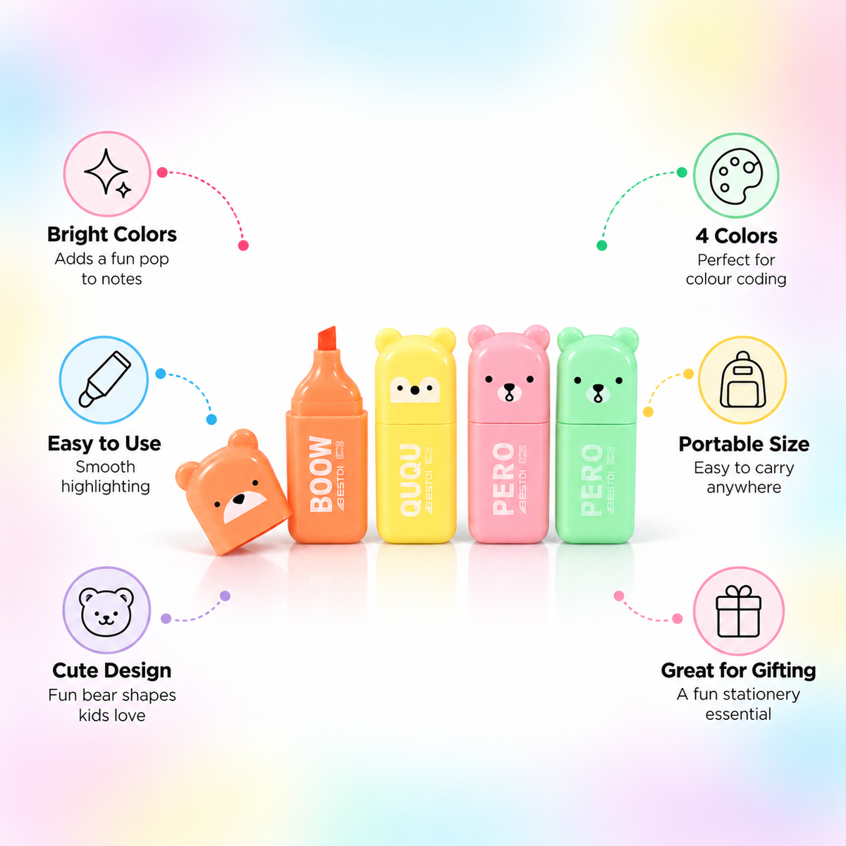 Pastel Bear Fluorescent Highlighters – 4 Colors