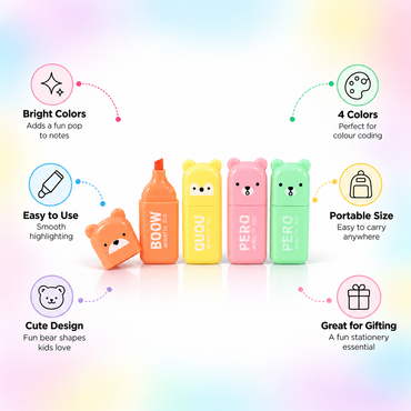 Pastel Bear Fluorescent Highlighters – 4 Colors