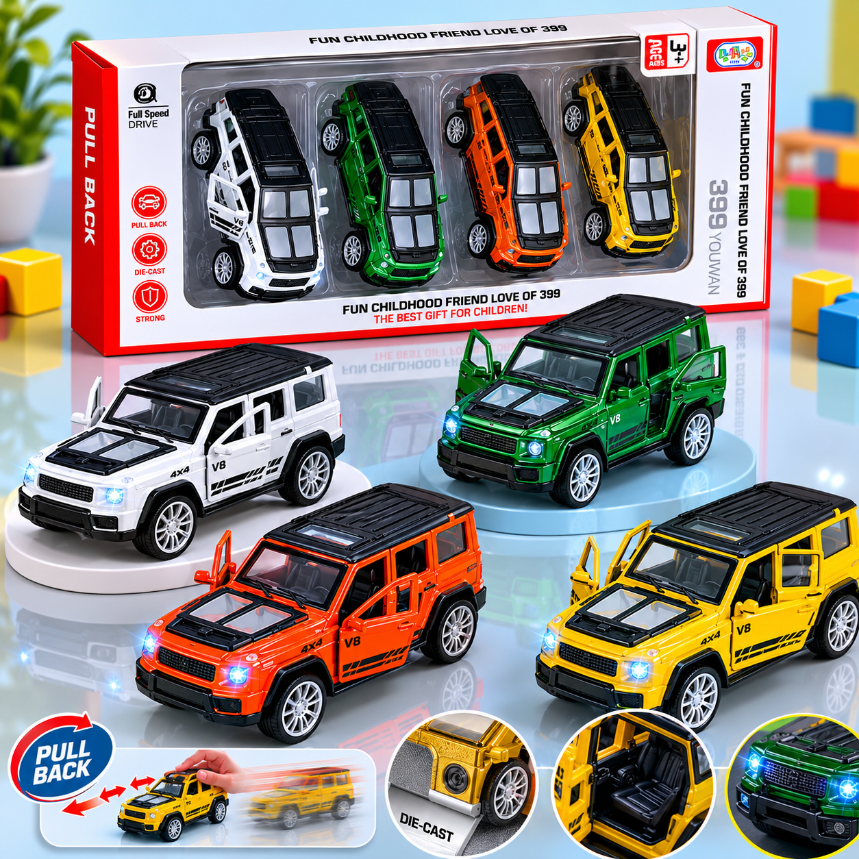 4-in-1 Die-Cast Pull Back Car Set