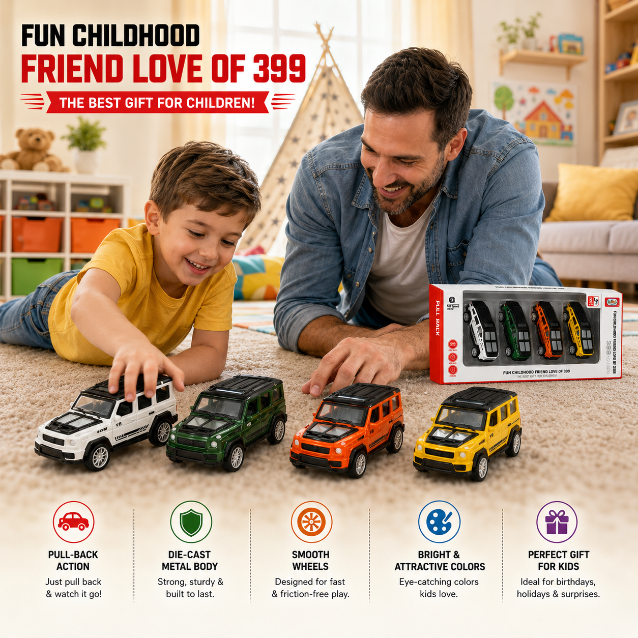 4-in-1 Die-Cast Pull Back Car Set