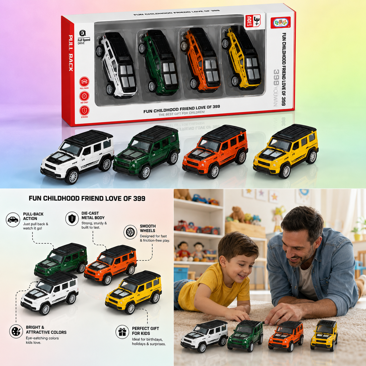 4-in-1 Die-Cast Pull Back Car Set