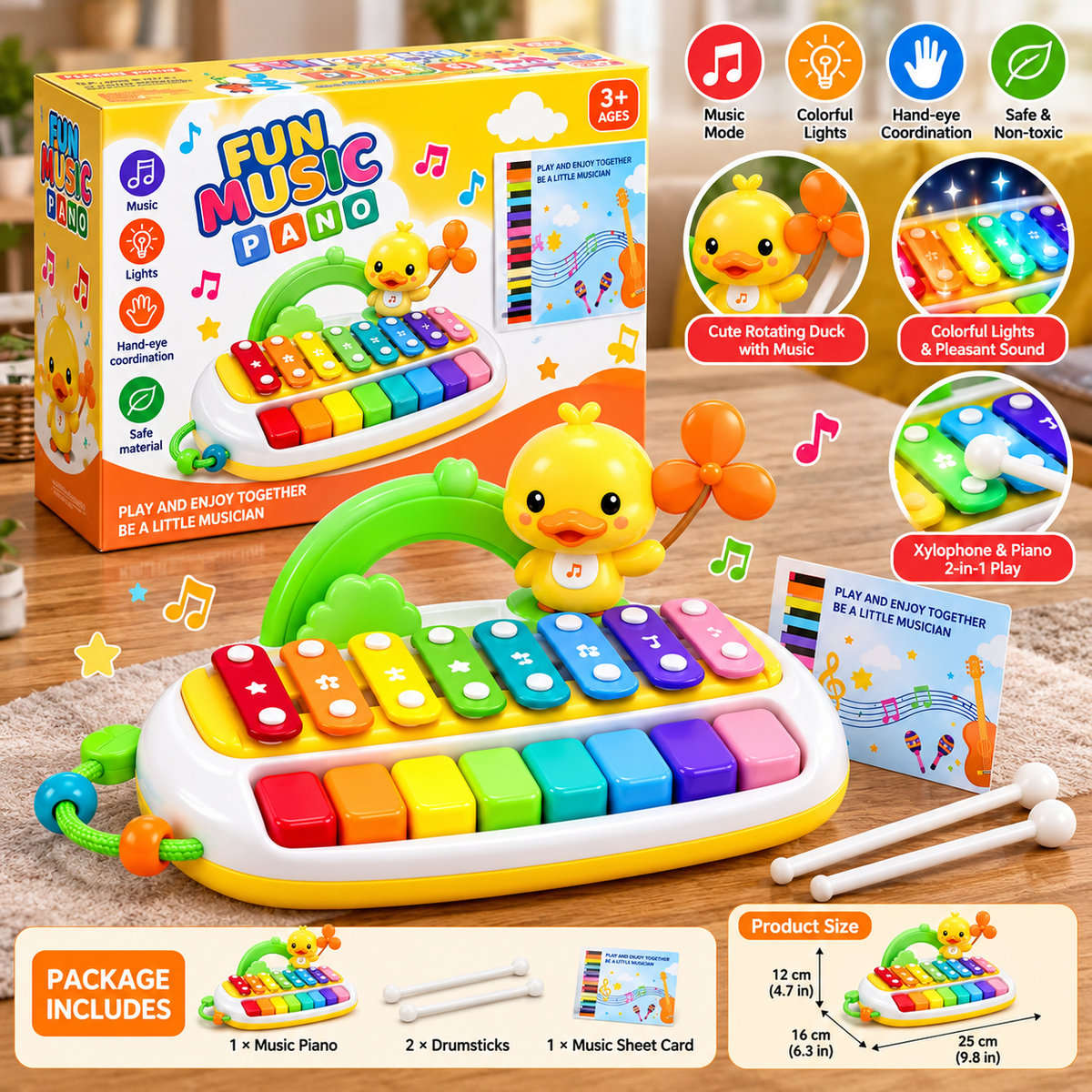 2-in-1 Fun Music Piano & Xylophone Learning Toy with Lights