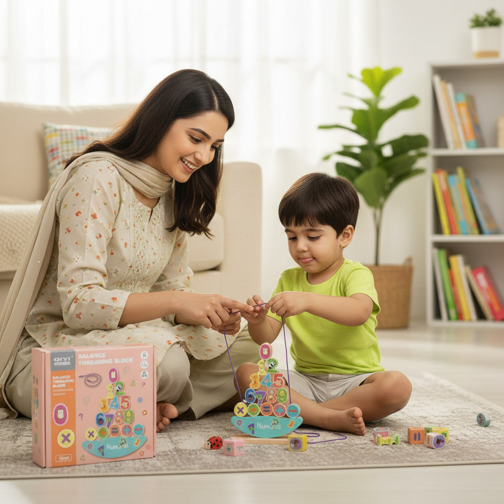 Wooden Balance Threading & Number Learning Block Set