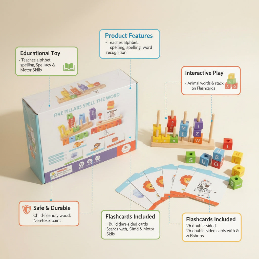 Five Pillars Wooden Spelling Game