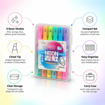 6-Piece Neon Dual-Color Highlighter Set with Storage Case
