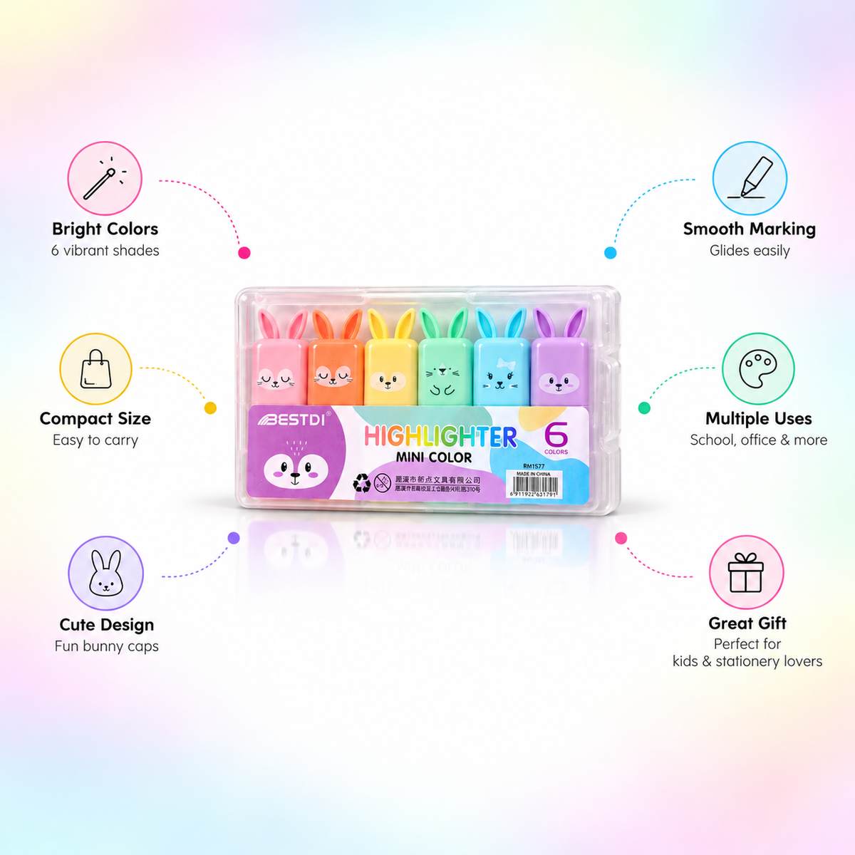BESTDI Mini Bunny Highlighter Set – 6 Pastel Colors